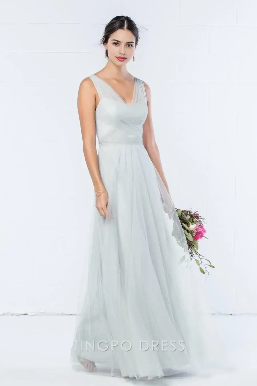 TingPo Wholesale Elegant Light Grey Tulle Deep V Dress - Sleeveless Wrap Style Maxi Evening Gown